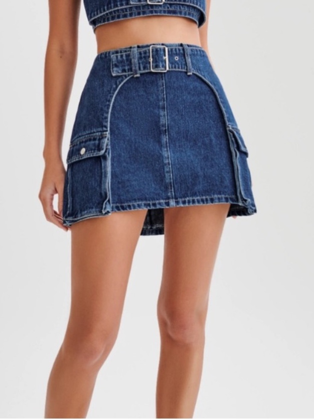 Meshki Dark Blue Denim Mini Skirt with Belted Waist